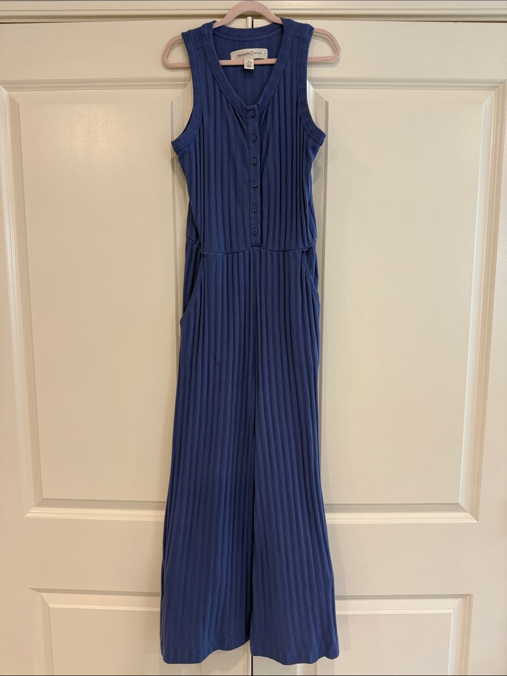 Treasure & Bond Blue Ribbed Button-Front Long Sleeve Jumpsuit